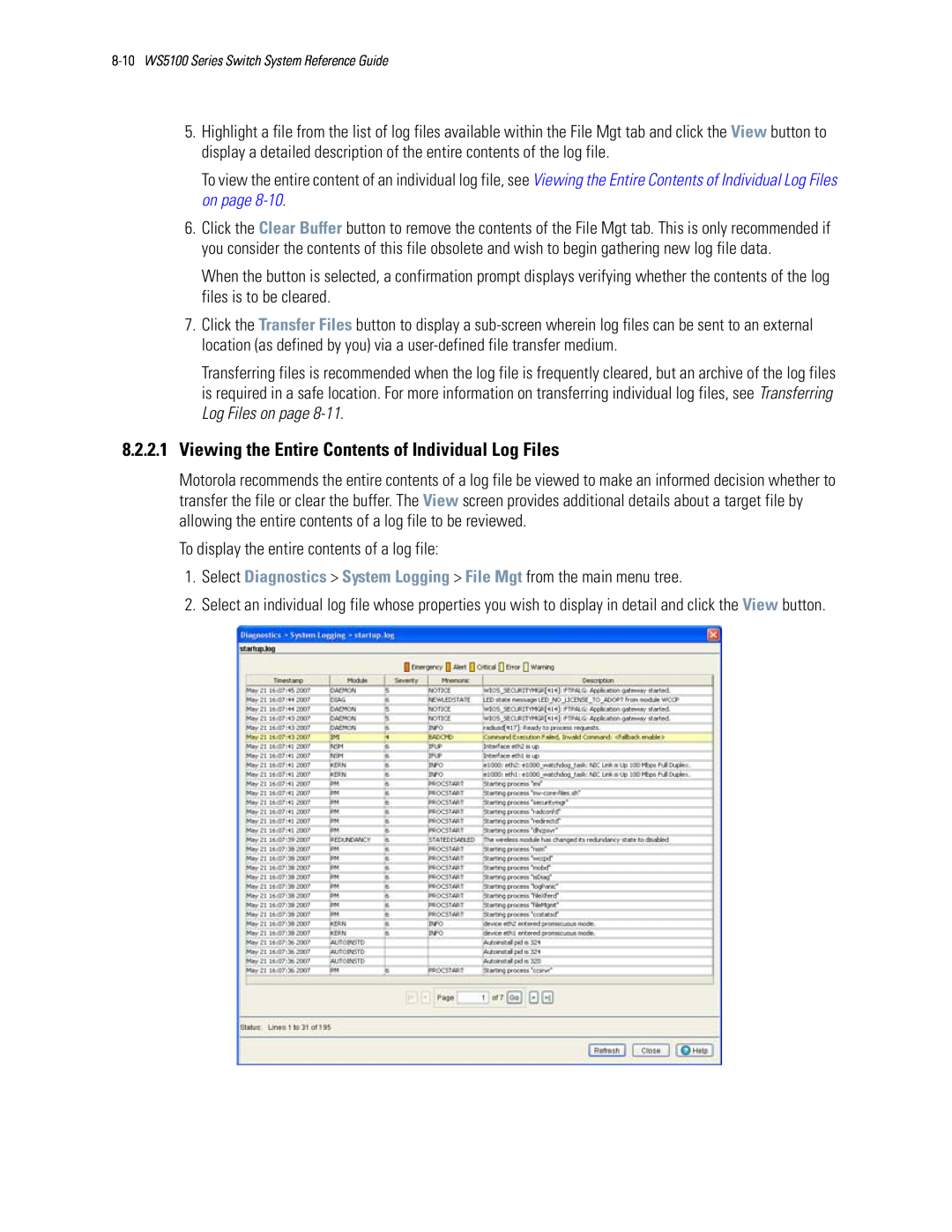 Motorola WS5100 manual To display the entire contents of a log file 