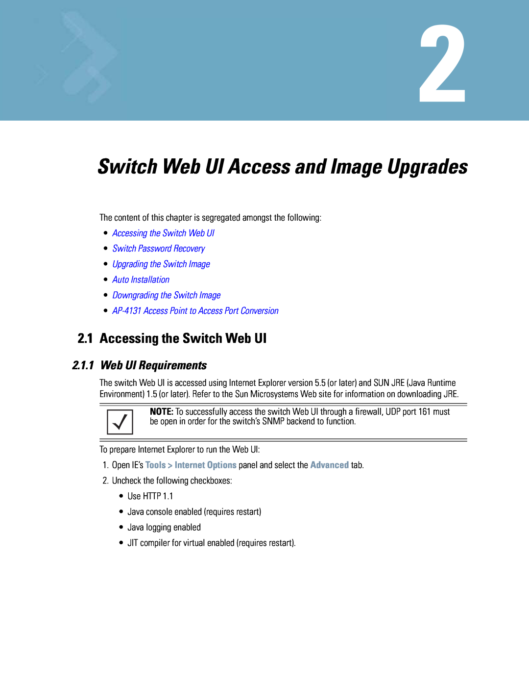 Motorola WS5100 manual 2.1Accessing the Switch Web UI, Web UI Requirements, •Accessing the Switch Web UI 
