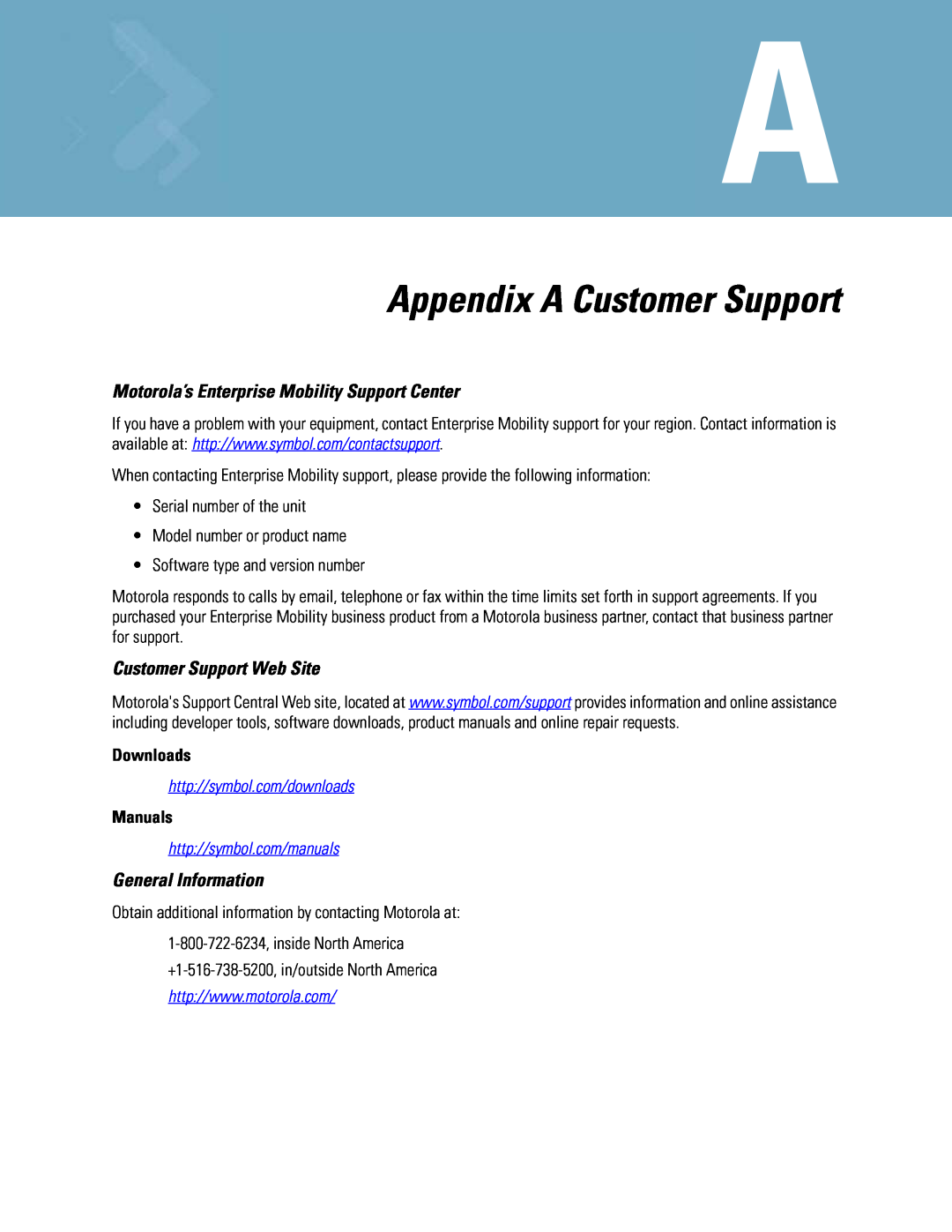 Motorola WS5100 Appendix A Customer Support, Motorola’s Enterprise Mobility Support Center, Customer Support Web Site 