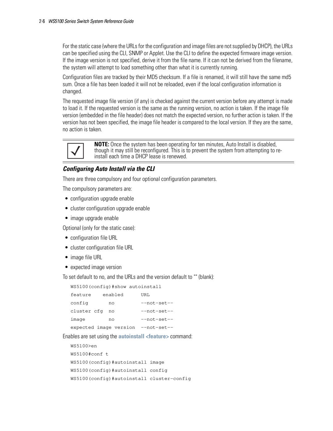 Motorola WS5100 manual Configuring Auto Install via the CLI 
