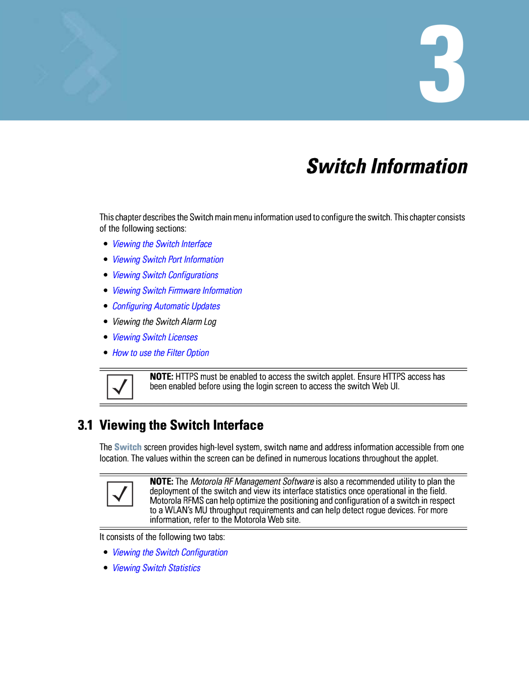 Motorola WS5100 manual Switch Information, •Viewing the Switch Interface, •Viewing Switch Port Information 