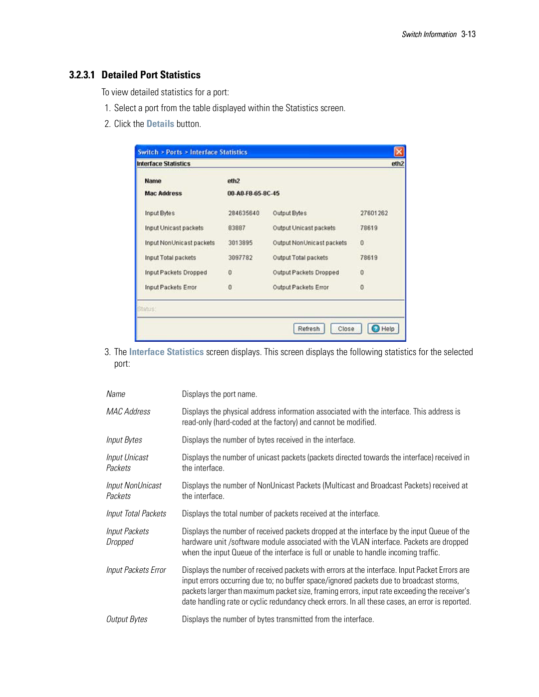 Motorola WS5100 manual 3.2.3.1Detailed Port Statistics, To view detailed statistics for a port, Click the Details button 