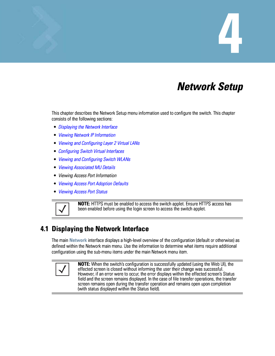 Motorola WS5100 manual Network Setup, •Displaying the Network Interface, •Viewing Network IP Information 