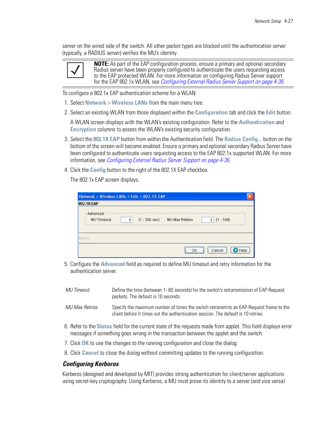 Motorola WS5100 manual Configuring Kerboros, MU Timeout, MU Max Retries 