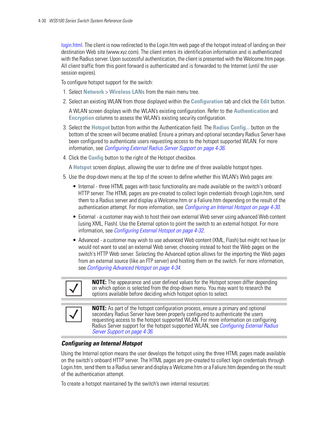 Motorola WS5100 manual Configuring an Internal Hotspot 