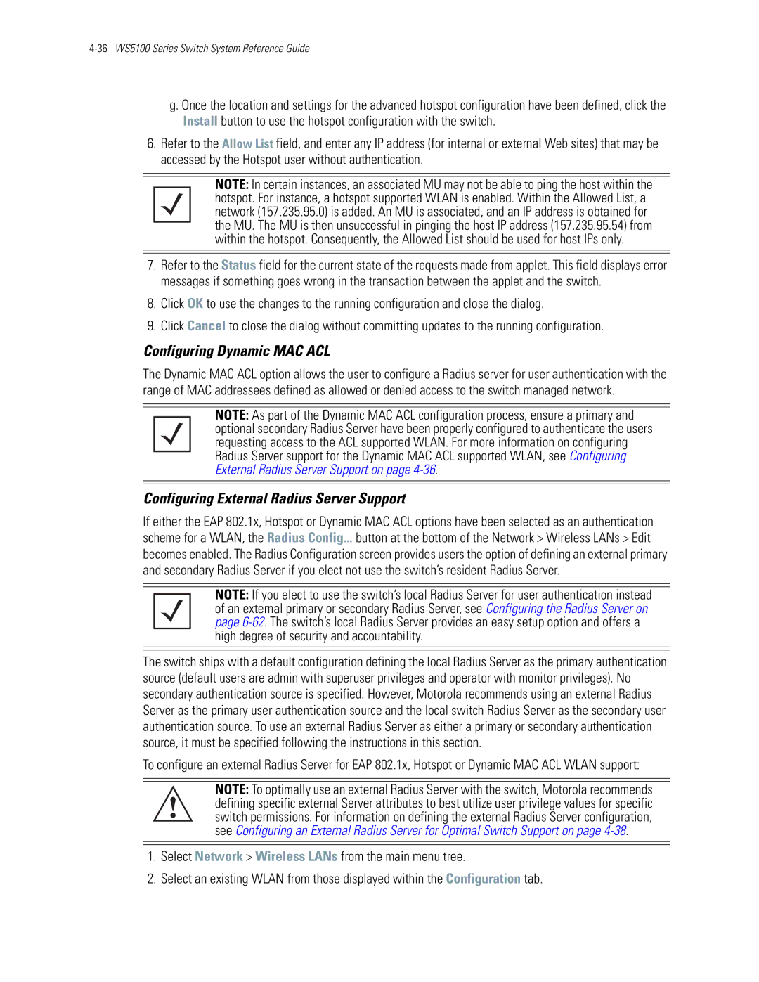 Motorola WS5100 manual Configuring Dynamic MAC ACL, Configuring External Radius Server Support 