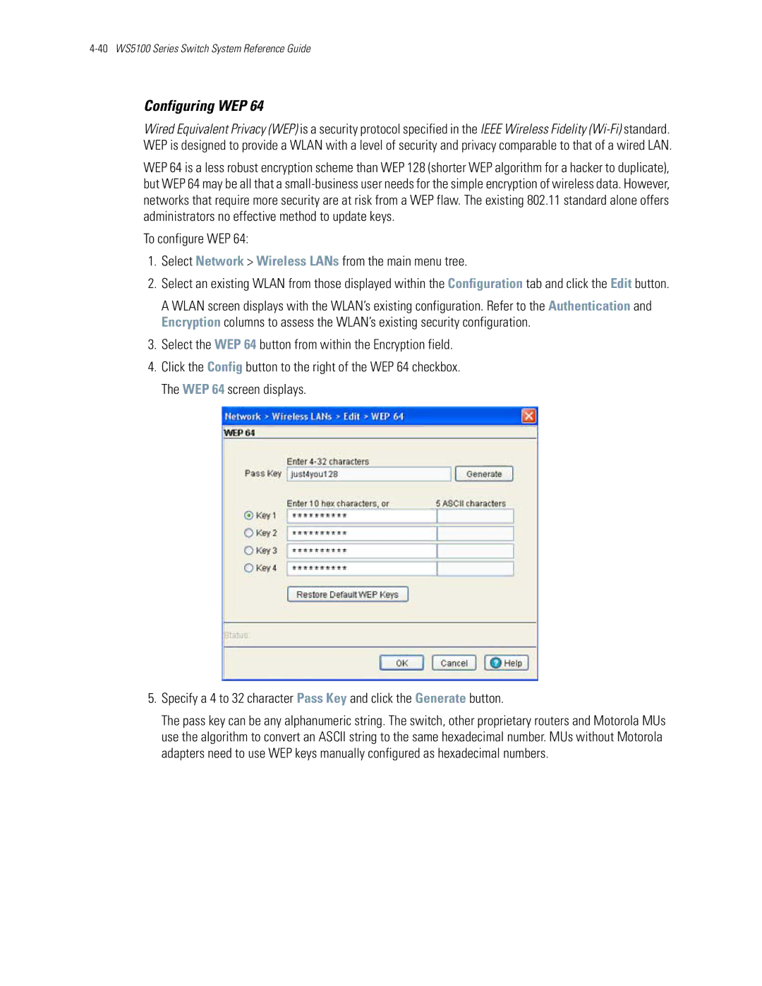 Motorola WS5100 manual Configuring WEP 