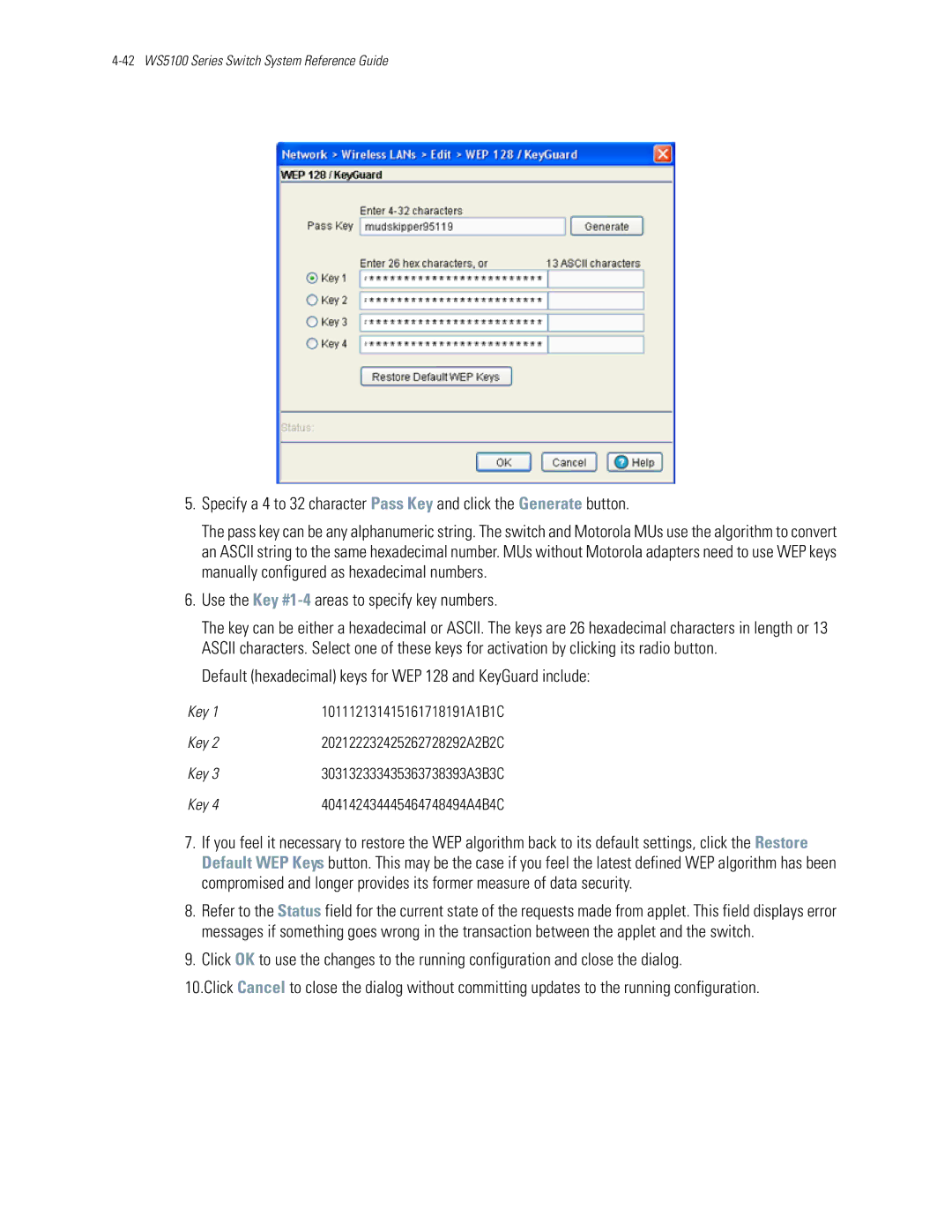 Motorola WS5100 Use the Key #1-4areas to specify key numbers, Default hexadecimal keys for WEP 128 and KeyGuard include 