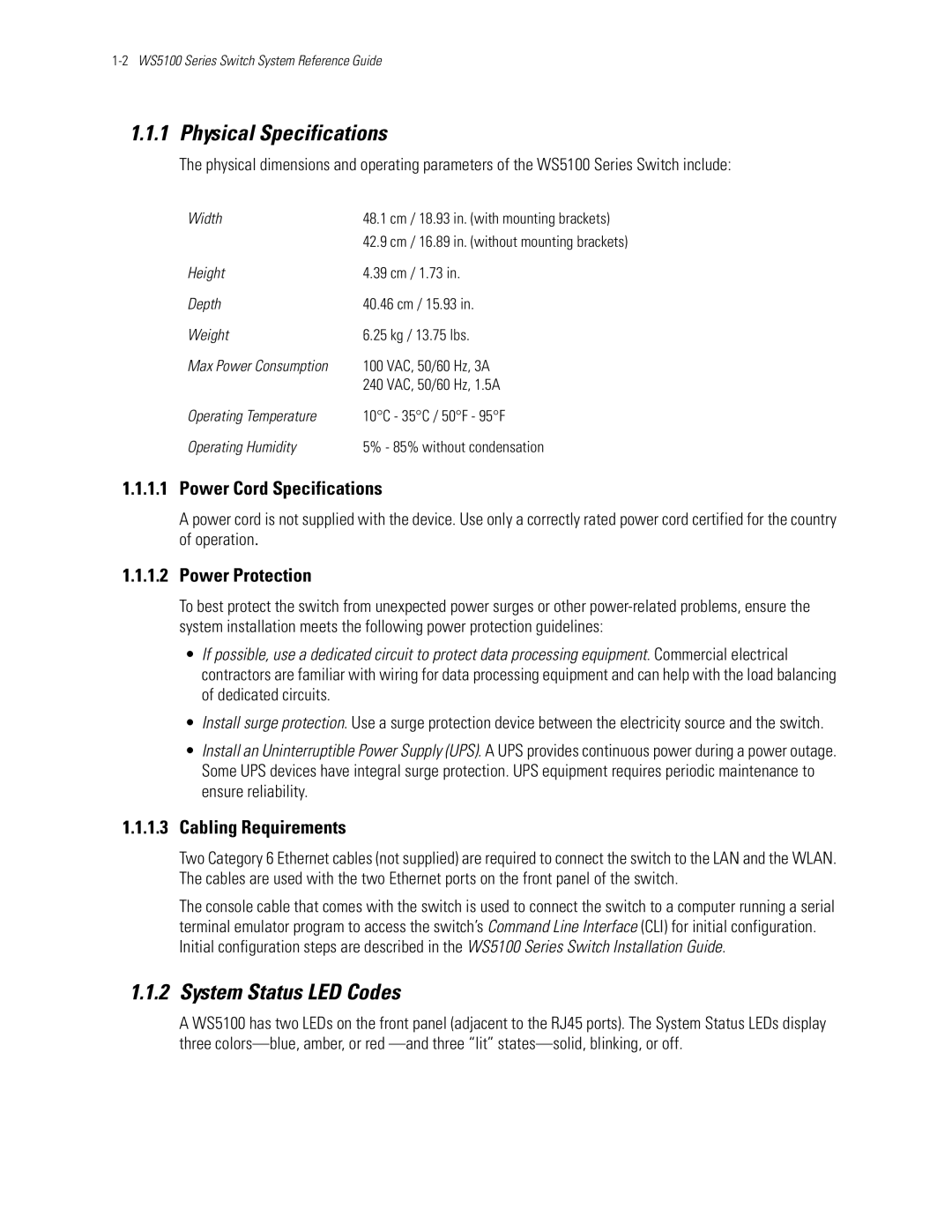 Motorola WS5100 manual Physical Specifications, System Status LED Codes, Power Cord Specifications, Power Protection 