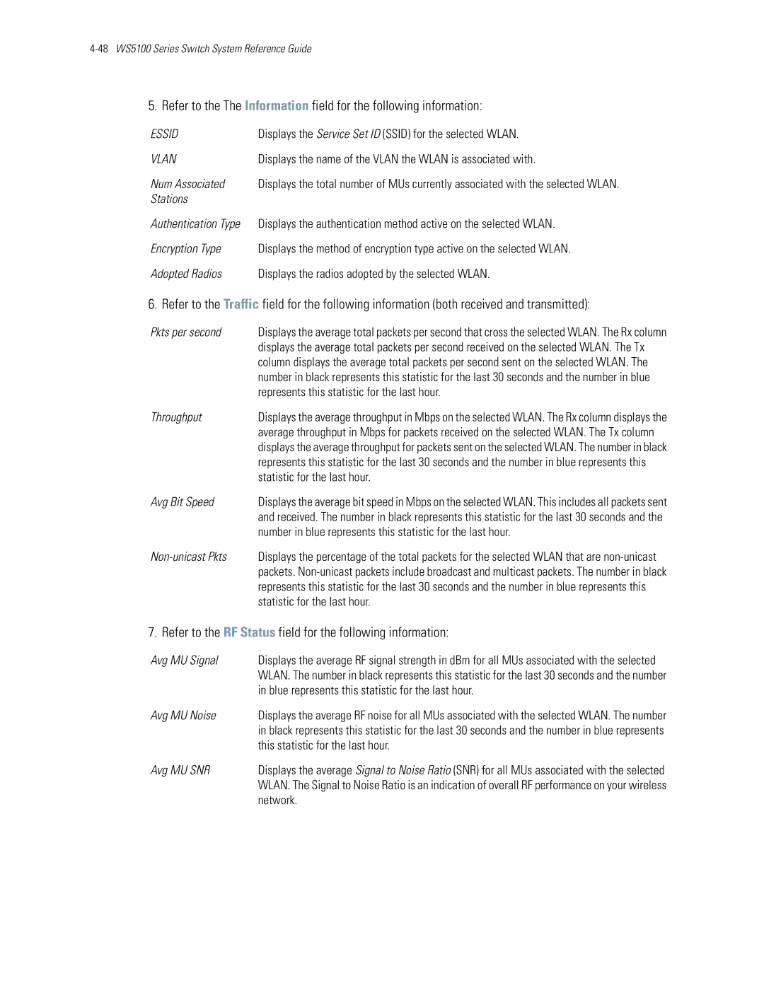 Motorola WS5100 manual Refer to the RF Status field for the following information 