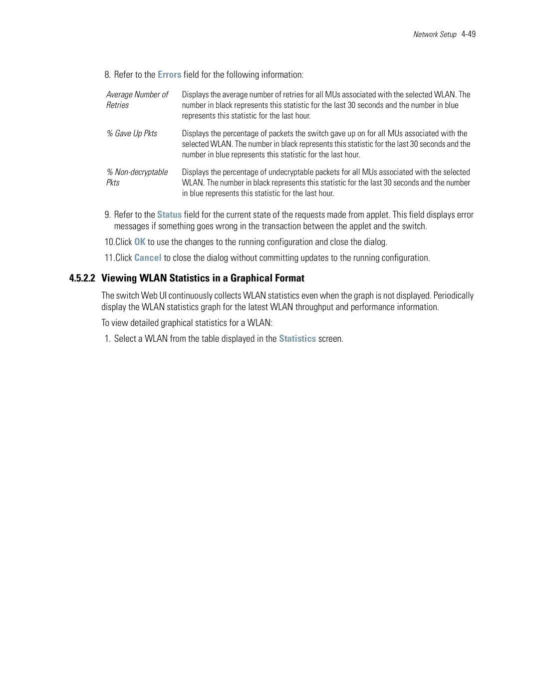 Motorola WS5100 Viewing Wlan Statistics in a Graphical Format, Refer to the Errors field for the following information 