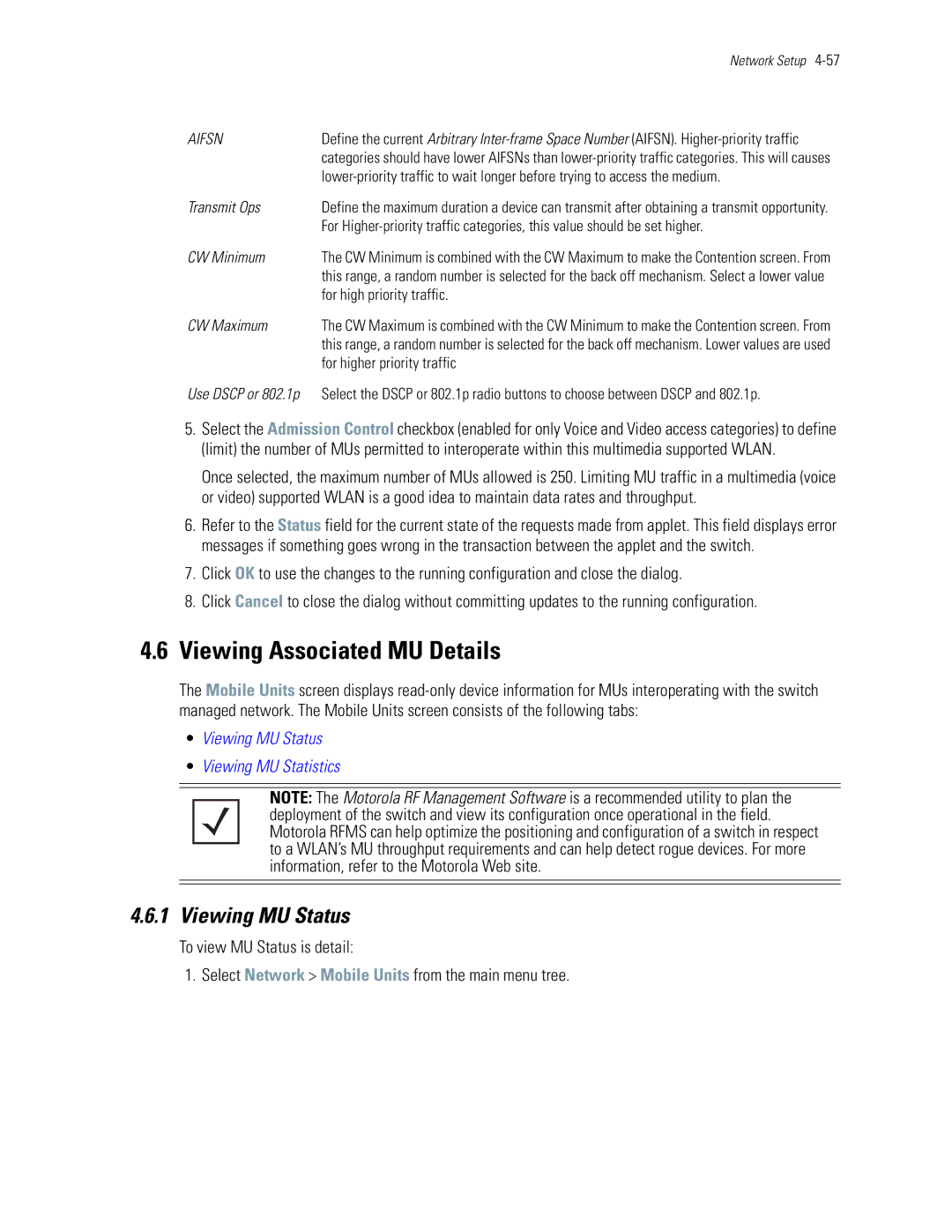 Motorola WS5100 manual Viewing Associated MU Details, Viewing MU Status, CW Minimum, CW Maximum 