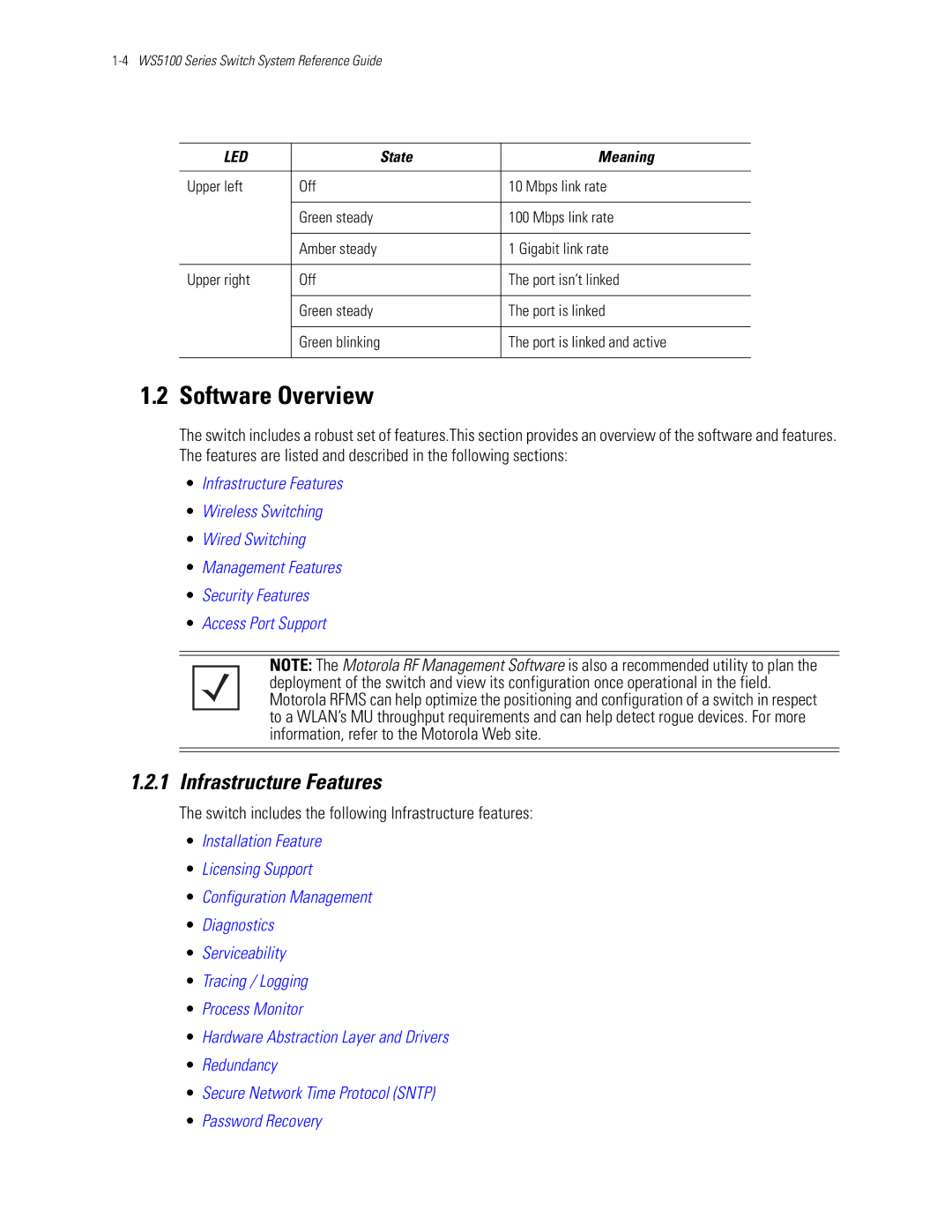 Motorola WS5100 manual Software Overview, Infrastructure Features, Switch includes the following Infrastructure features 