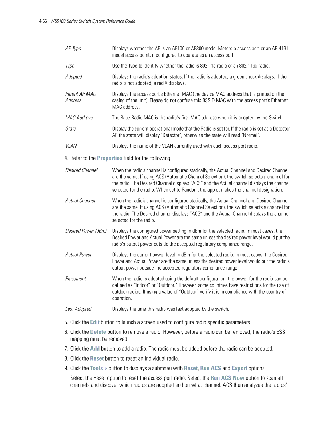 Motorola WS5100 manual Refer to the Properties field for the following 