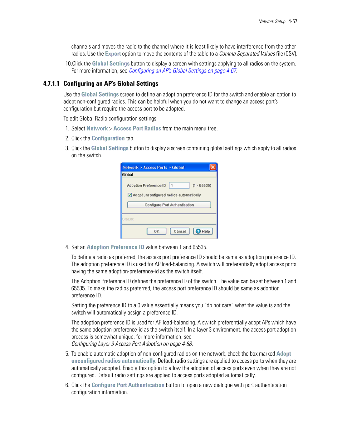 Motorola WS5100 manual Configuring an AP’s Global Settings, Configuring Layer 3 Access Port Adoption on 