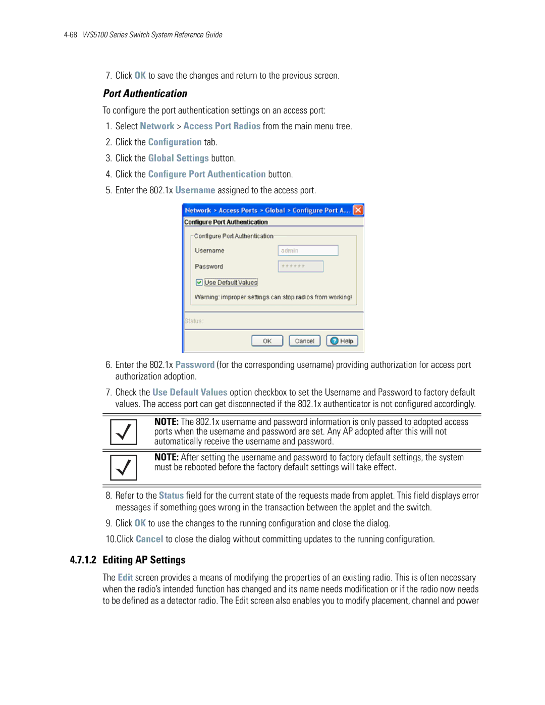 Motorola WS5100 manual Editing AP Settings, Click the Configure Port Authentication button 