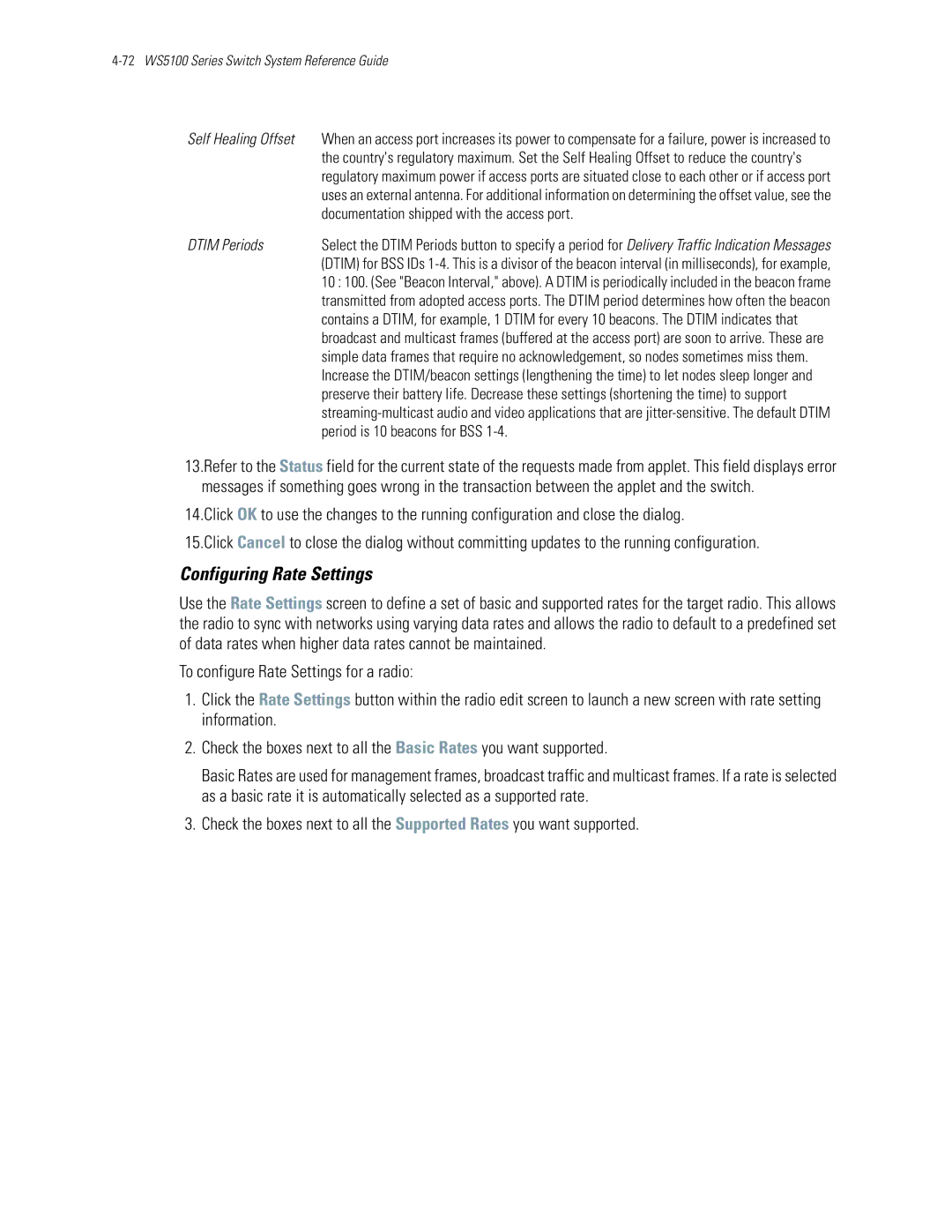 Motorola WS5100 manual Configuring Rate Settings, Self Healing Offset, Dtim Periods 