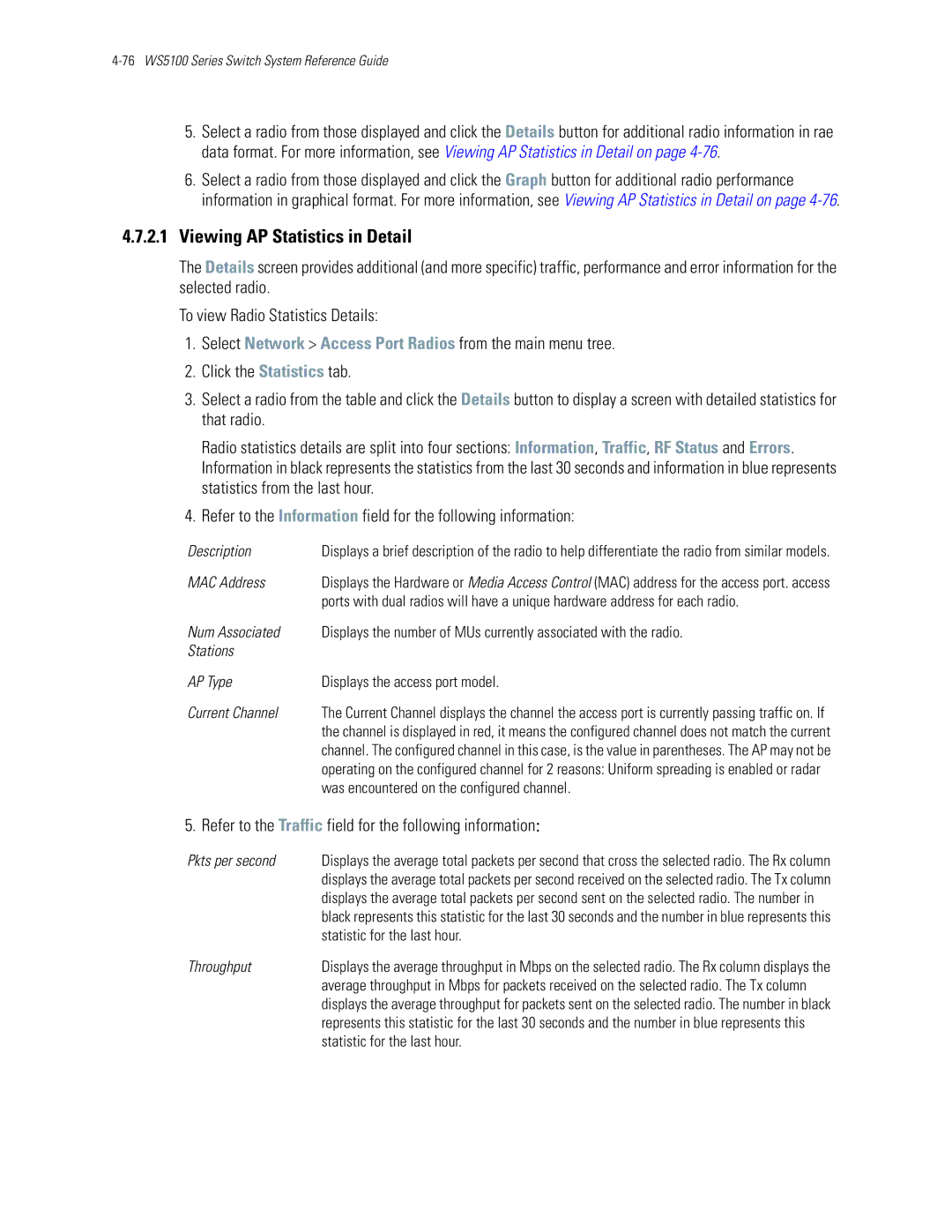 Motorola WS5100 manual Viewing AP Statistics in Detail, Was encountered on the configured channel 