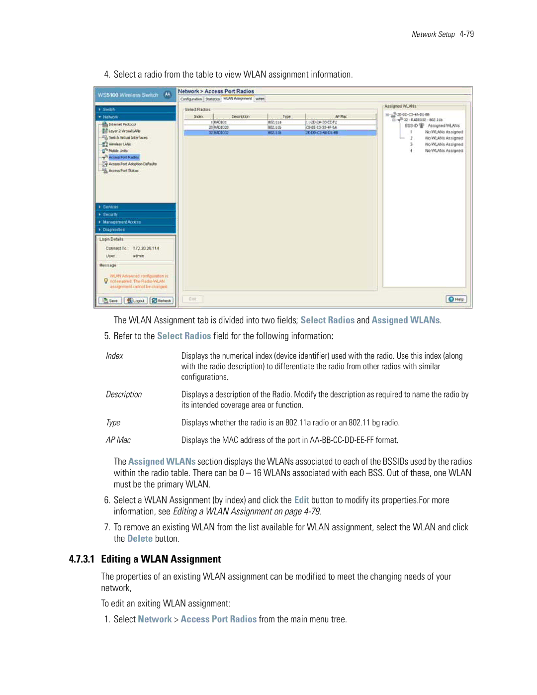 Motorola WS5100 manual Editing a Wlan Assignment, Configurations, Its intended coverage area or function 