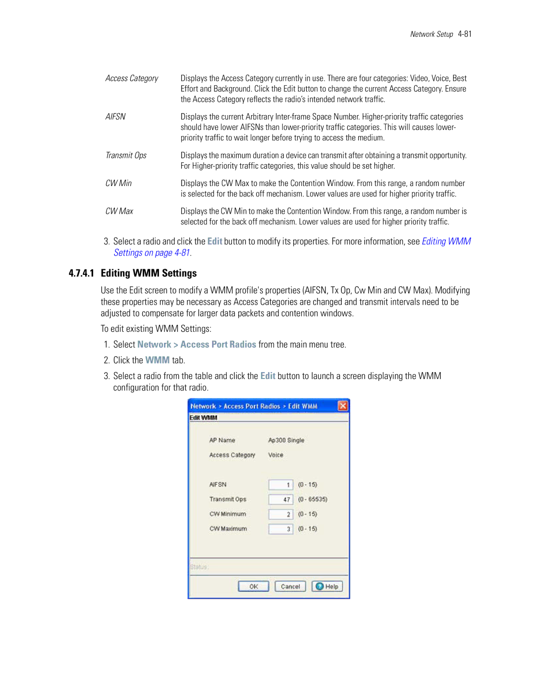 Motorola WS5100 manual Editing WMM Settings 