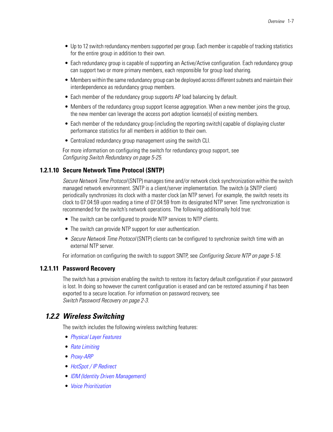 Motorola WS5100 manual Wireless Switching, Secure Network Time Protocol Sntp, Password Recovery 