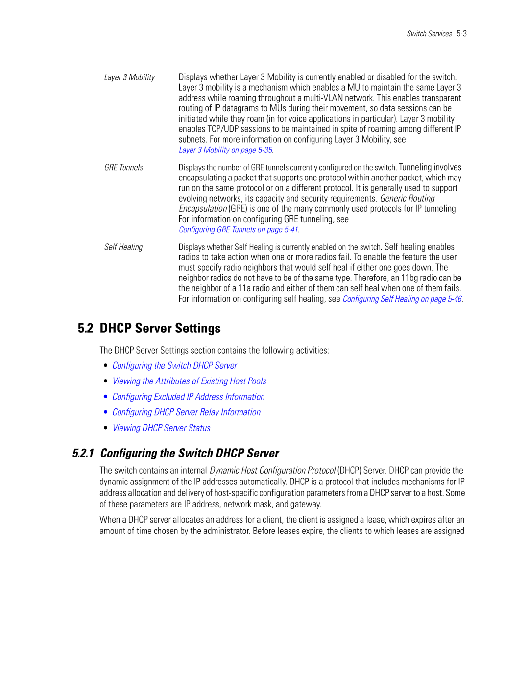 Motorola WS5100 manual Dhcp Server Settings, Configuring the Switch Dhcp Server 