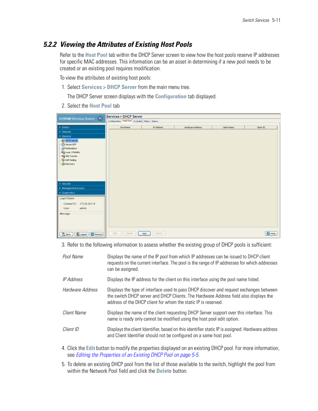 Motorola WS5100 Viewing the Attributes of Existing Host Pools, Can be assigned, Hardware Address, Client Name, Client ID 