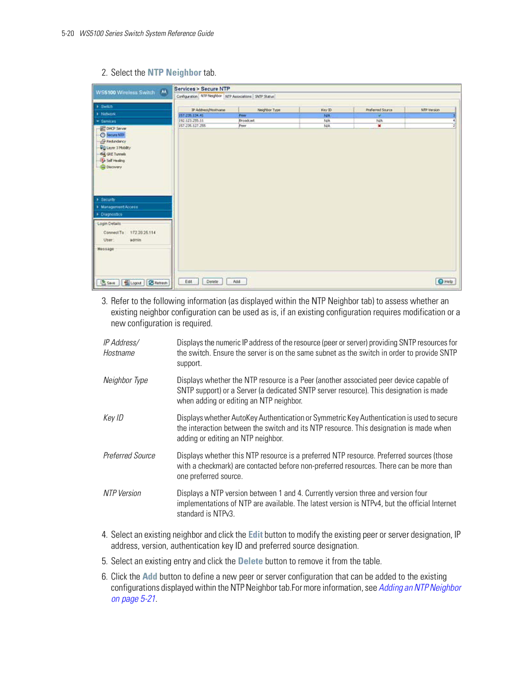 Motorola WS5100 Hostname, Support, Neighbor Type, When adding or editing an NTP neighbor, Preferred Source, NTP Version 