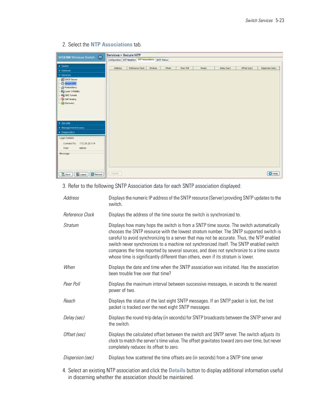 Motorola WS5100 manual Select the NTP Associations tab 