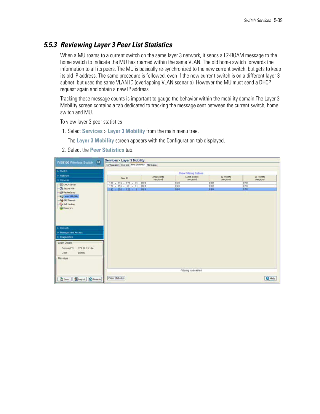 Motorola WS5100 manual Reviewing Layer 3 Peer List Statistics, Select the Peer Statistics tab 