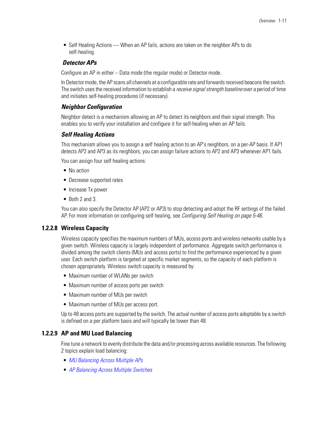 Motorola WS5100 Detector APs, Neighbor Configuration, Self Healing Actions, Wireless Capacity, AP and MU Load Balancing 