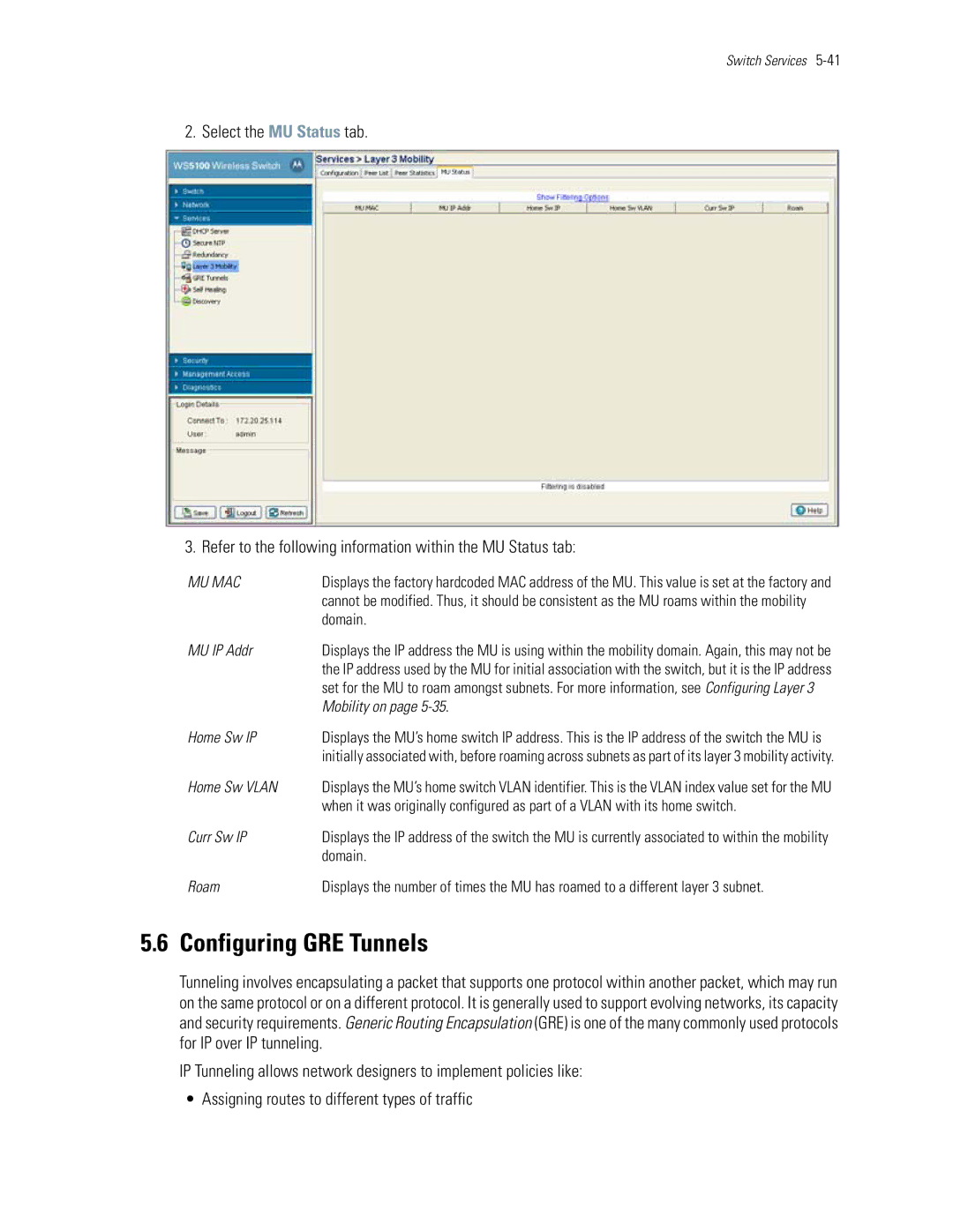 Motorola WS5100 manual Configuring GRE Tunnels 