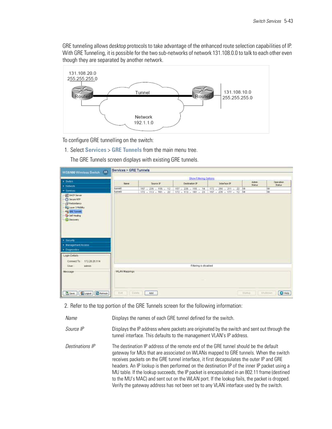 Motorola WS5100 manual To configure GRE tunnelling on the switch, Source IP, Destinations IP 