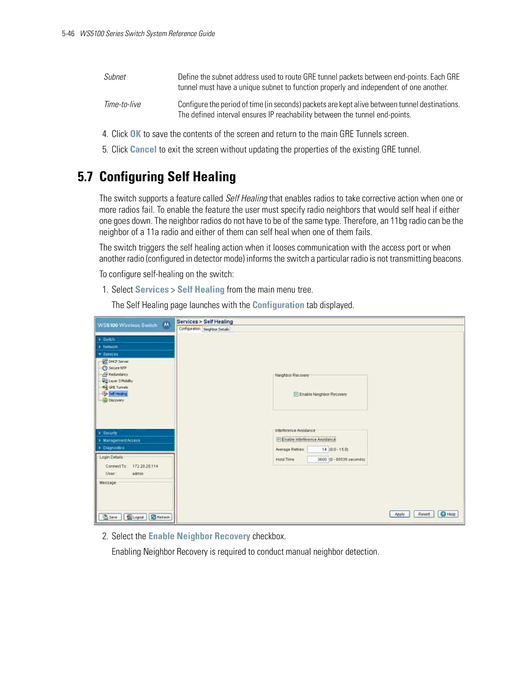 Motorola WS5100 manual Configuring Self Healing, Select the Enable Neighbor Recovery checkbox 