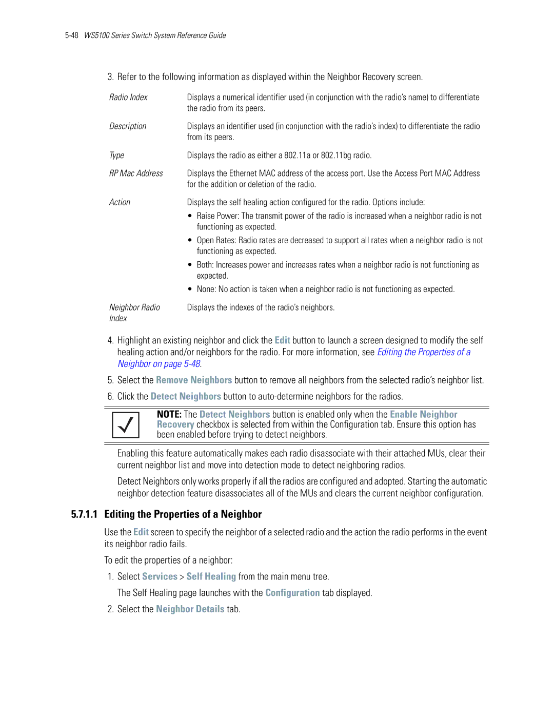 Motorola WS5100 manual Editing the Properties of a Neighbor 