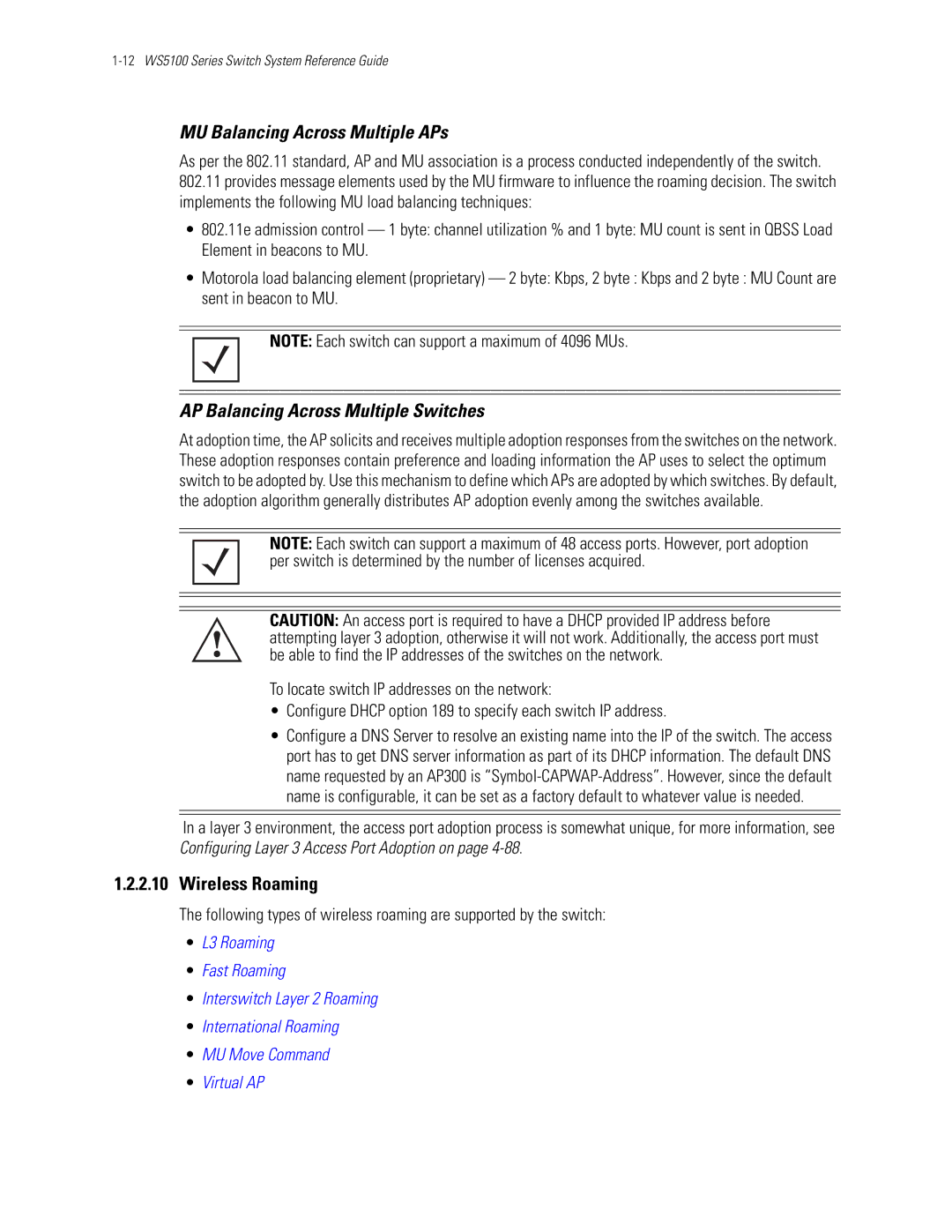 Motorola WS5100 manual MU Balancing Across Multiple APs, AP Balancing Across Multiple Switches, Wireless Roaming 