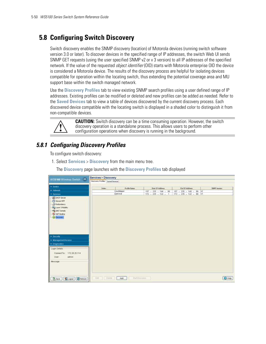 Motorola WS5100 manual Configuring Switch Discovery, Configuring Discovery Profiles 