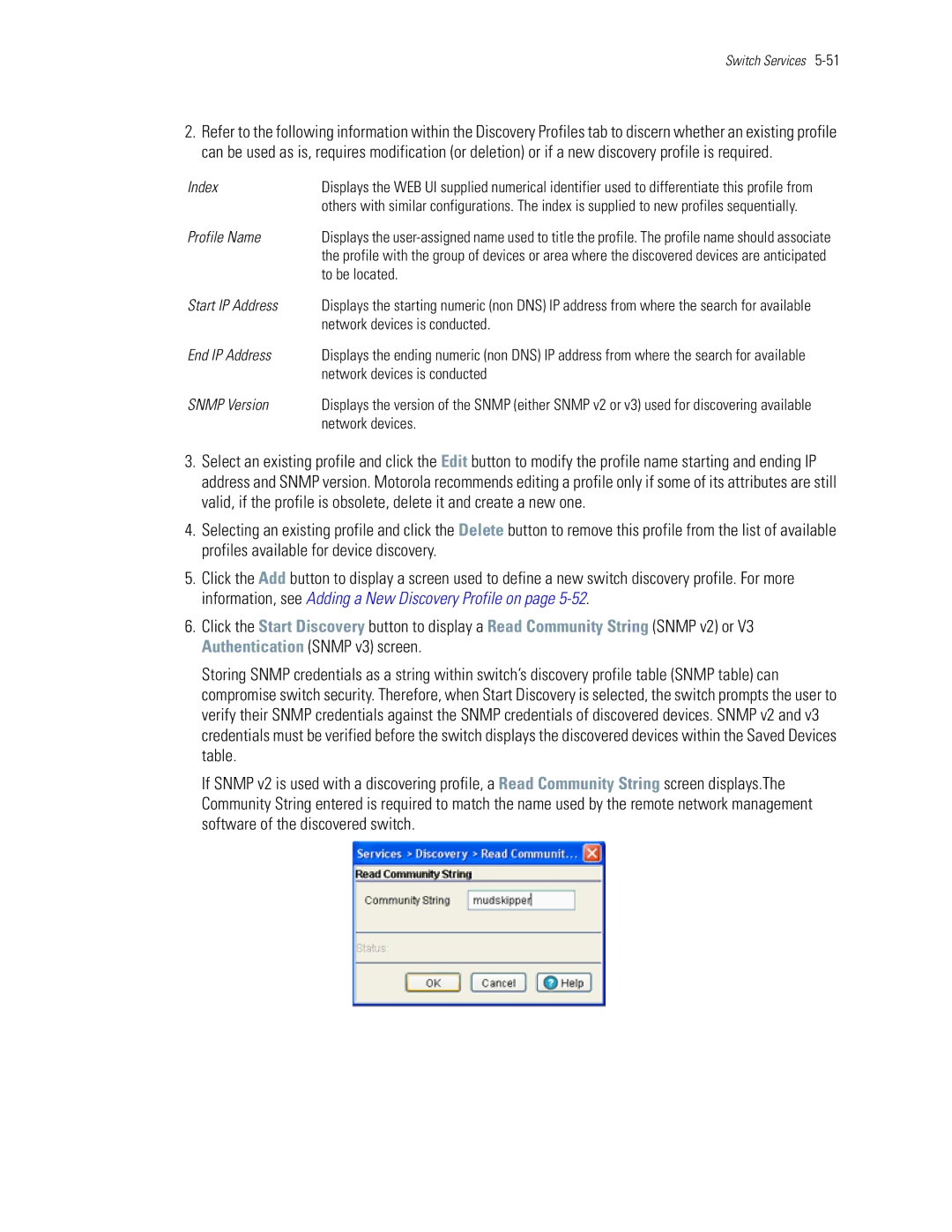 Motorola WS5100 Profile Name, To be located, Start IP Address, Network devices is conducted, End IP Address, Snmp Version 