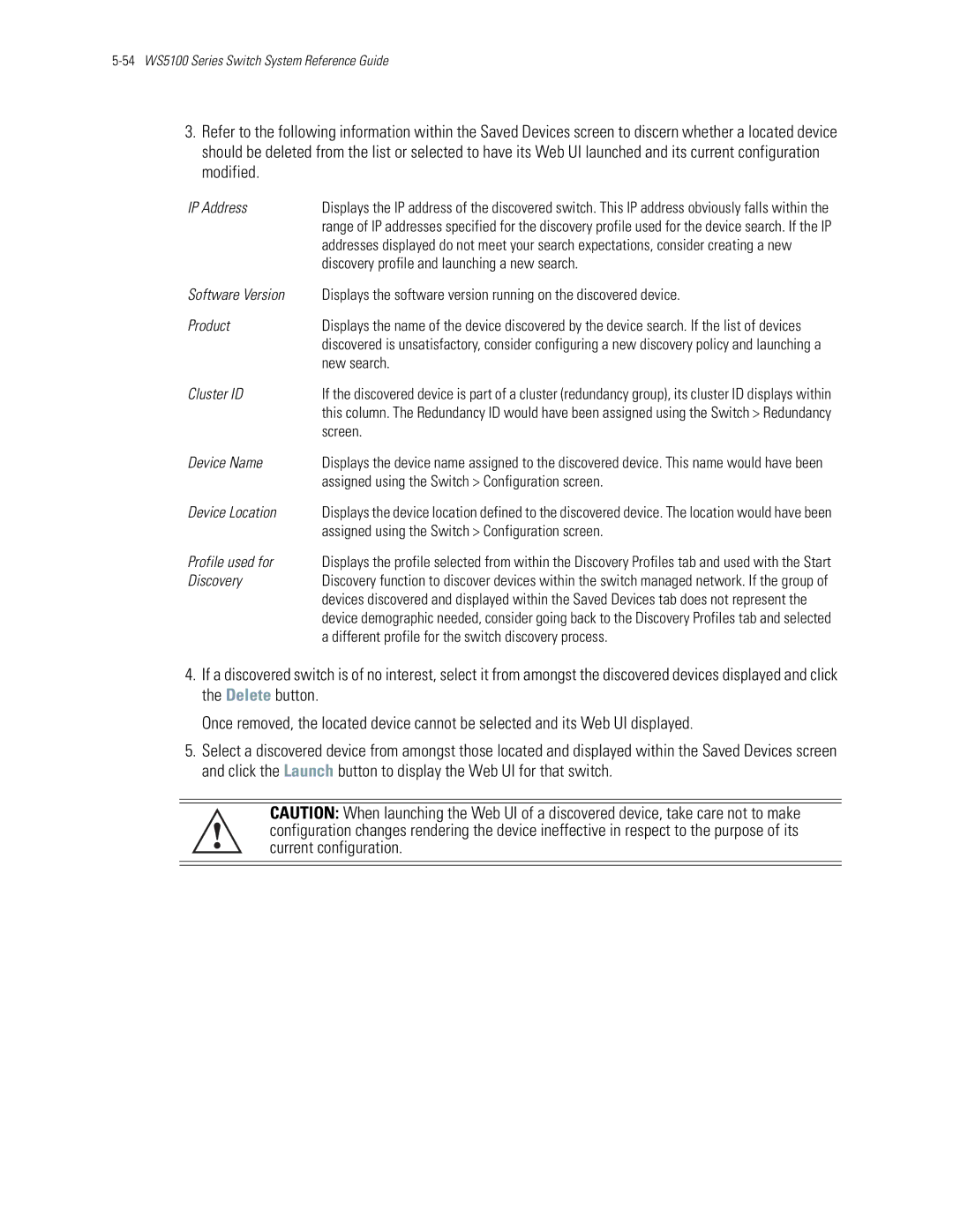 Motorola WS5100 Discovery profile and launching a new search, New search, Cluster ID, Screen, Device Name, Device Location 