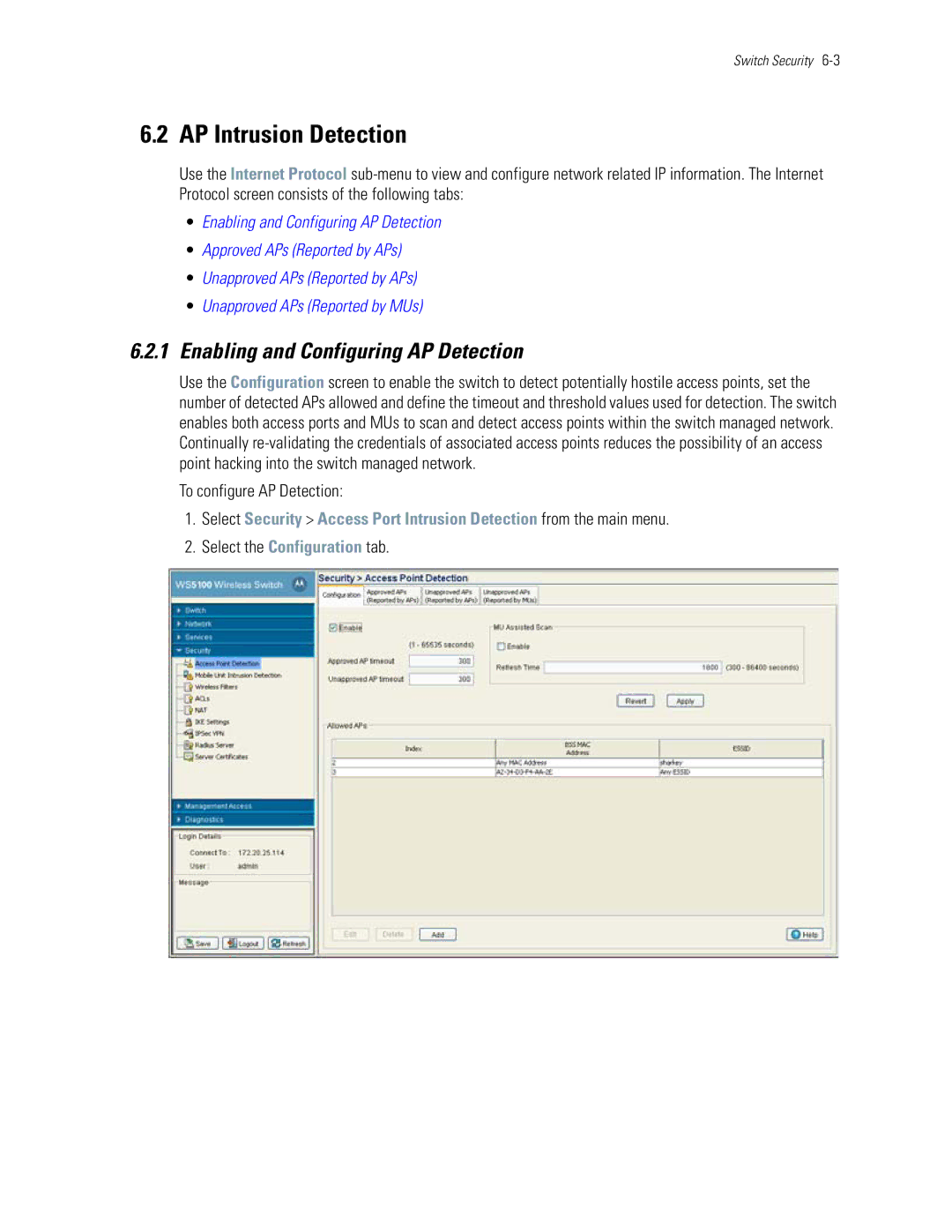 Motorola WS5100 manual AP Intrusion Detection, Enabling and Configuring AP Detection, To configure AP Detection 