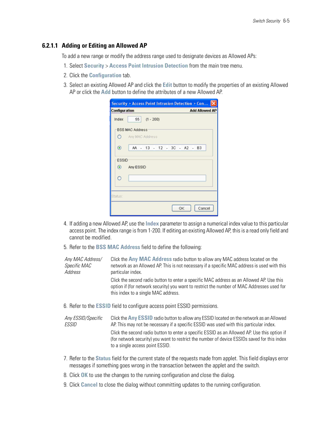 Motorola WS5100 manual Adding or Editing an Allowed AP, Any MAC Address, Specific MAC, Address Particular index 