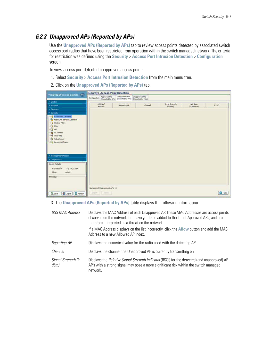 Motorola WS5100 manual Unapproved APs Reported by APs, Therefore interpreted as a threat on the network, Dbm 