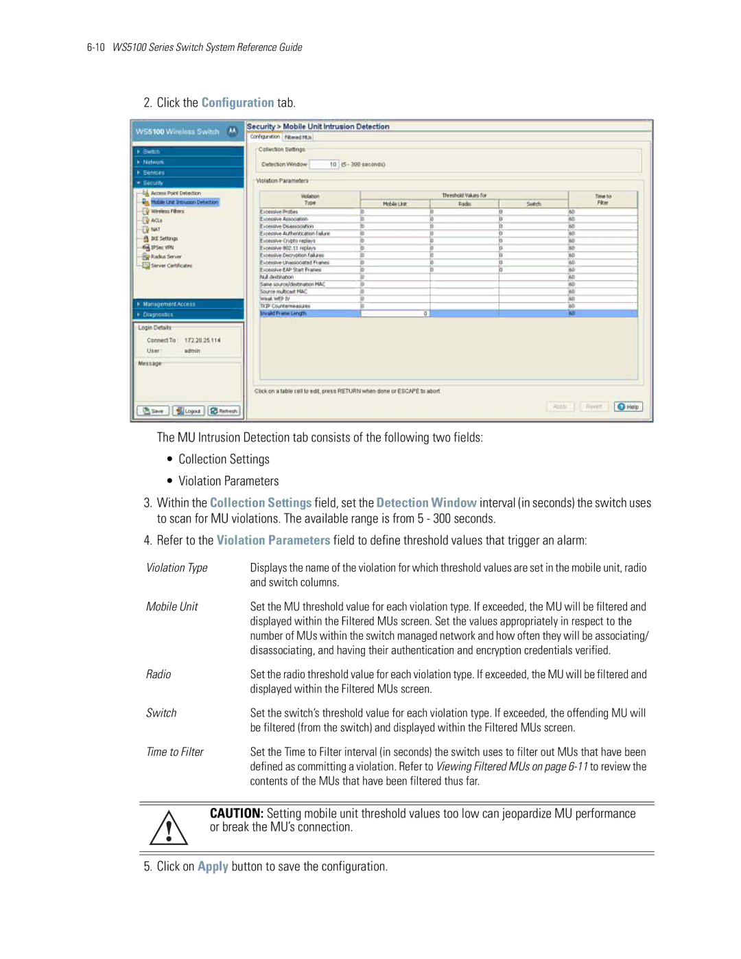 Motorola WS5100 manual Violation Type, Switch columns, Mobile Unit, Radio, Displayed within the Filtered MUs screen 