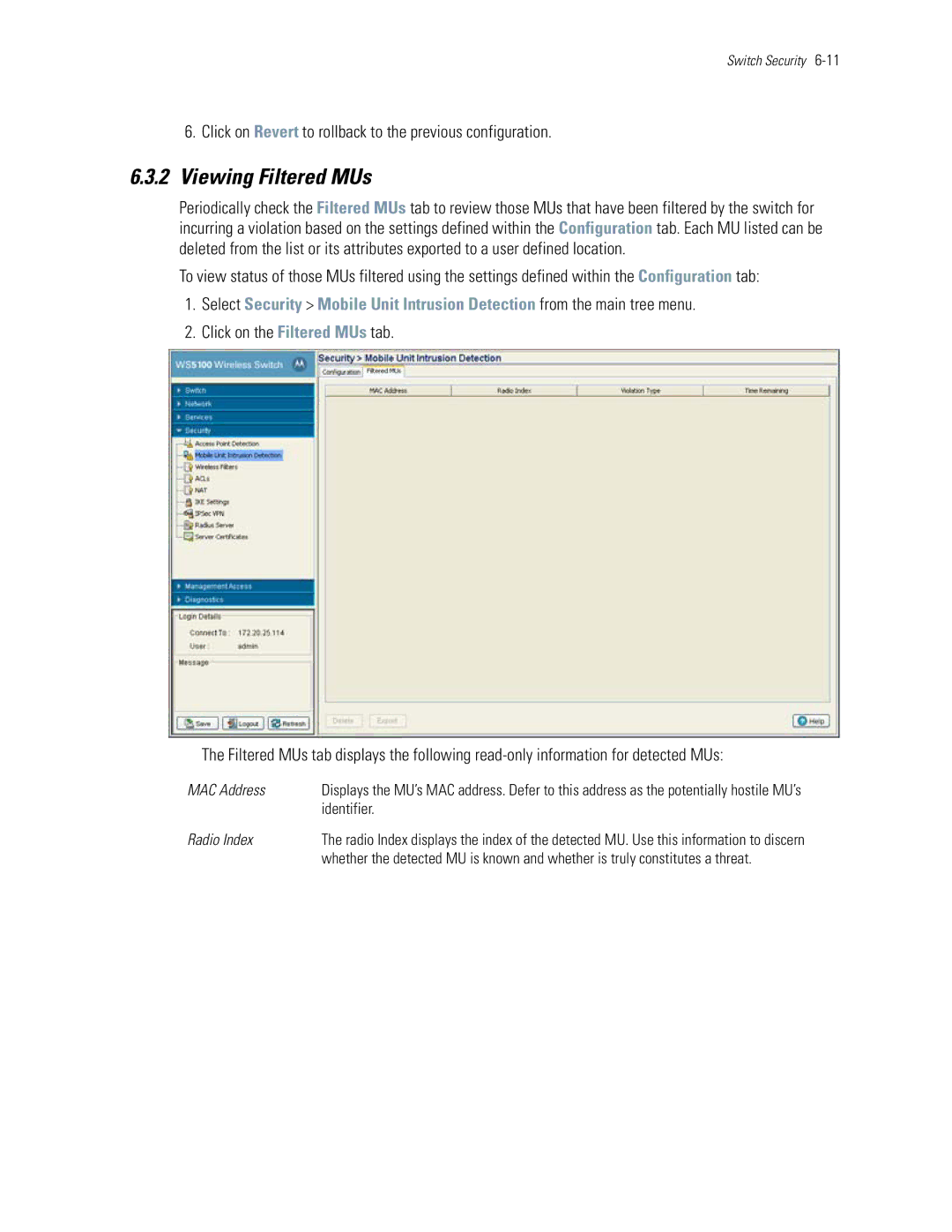 Motorola WS5100 manual Viewing Filtered MUs, Click on Revert to rollback to the previous configuration, Identifier 