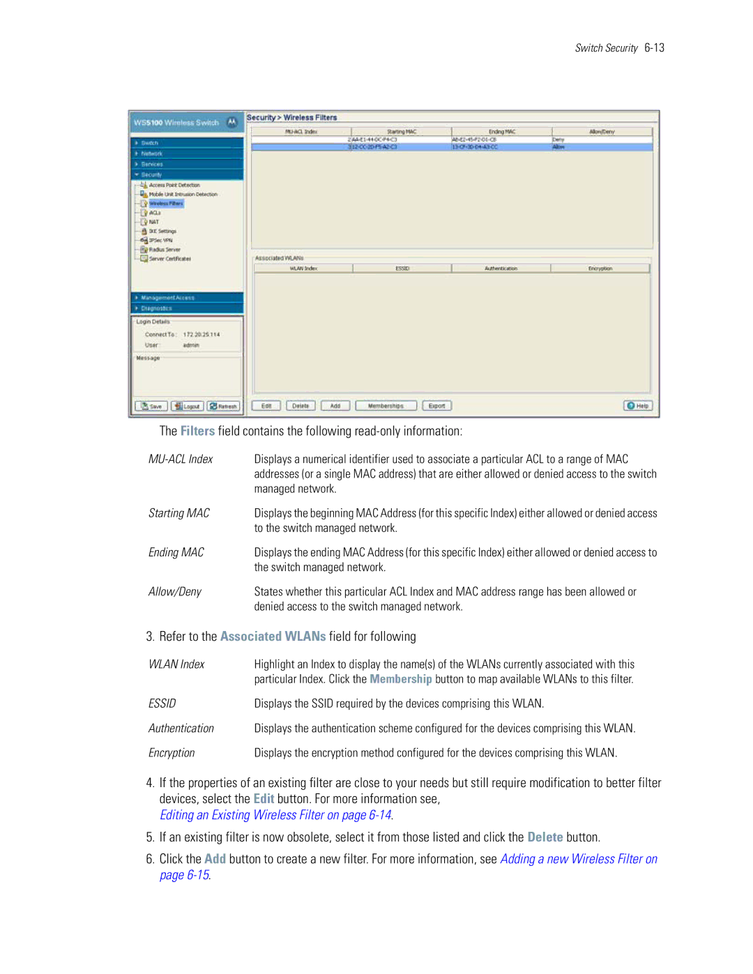 Motorola WS5100 manual Filters field contains the following read-only information 