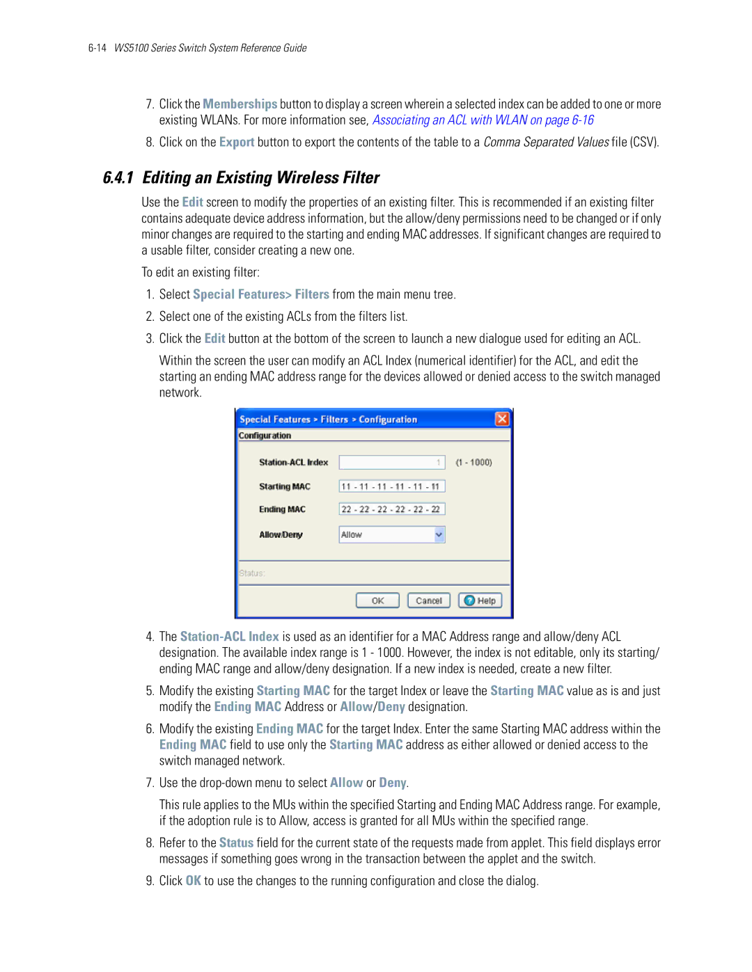 Motorola WS5100 manual Editing an Existing Wireless Filter 