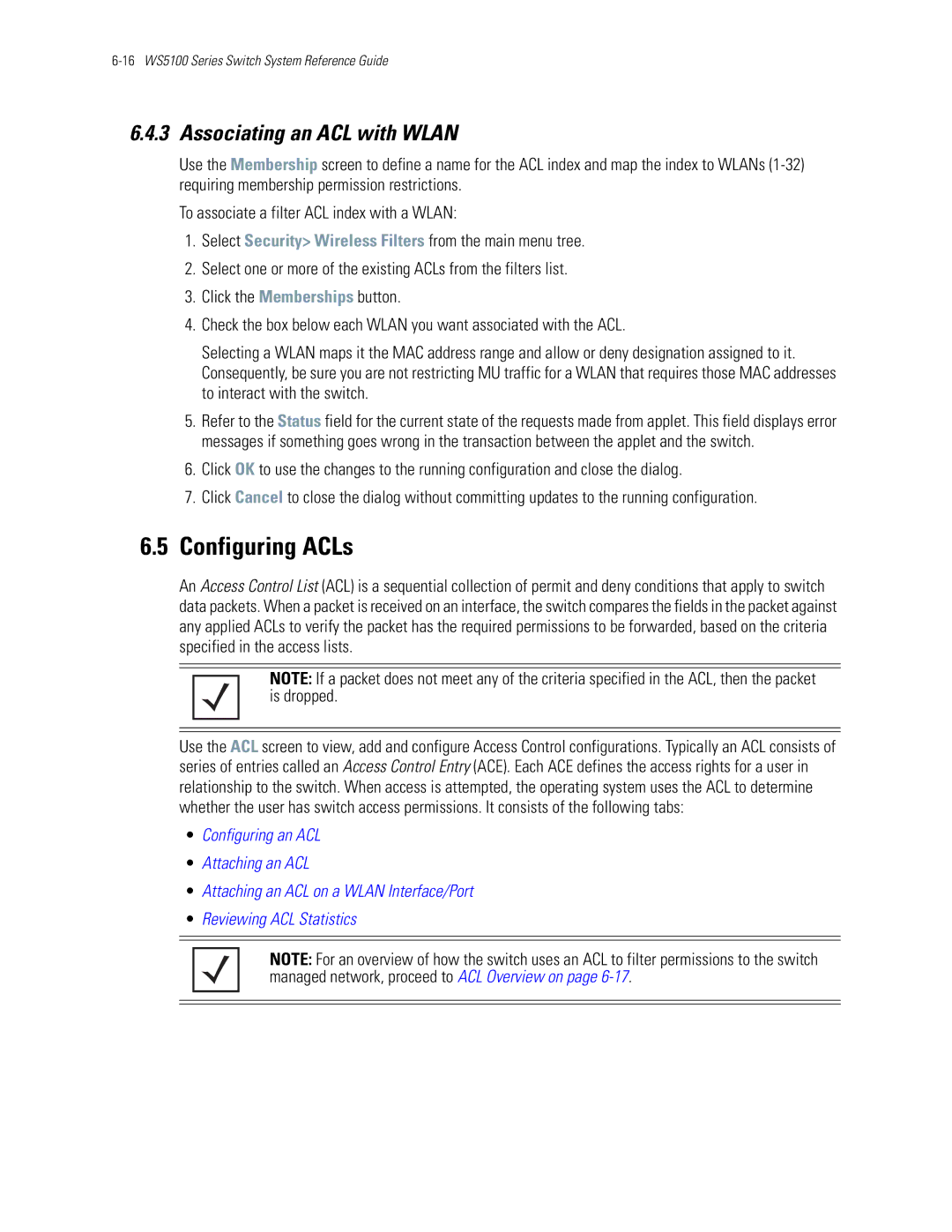 Motorola WS5100 manual Configuring ACLs, Associating an ACL with Wlan 