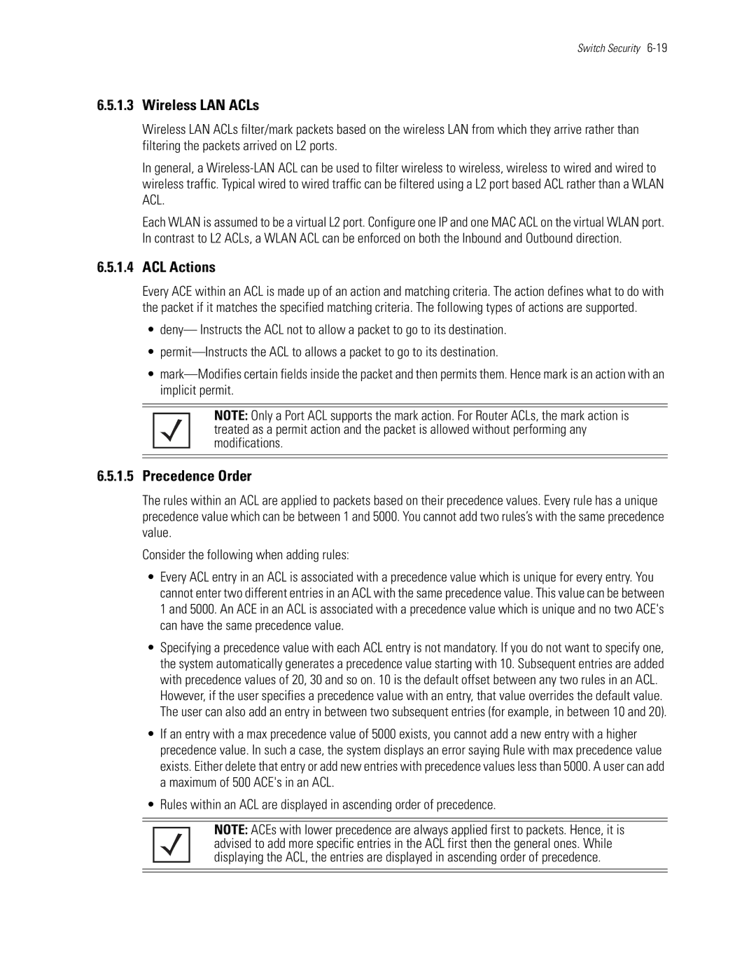 Motorola WS5100 manual Wireless LAN ACLs, ACL Actions, Precedence Order 