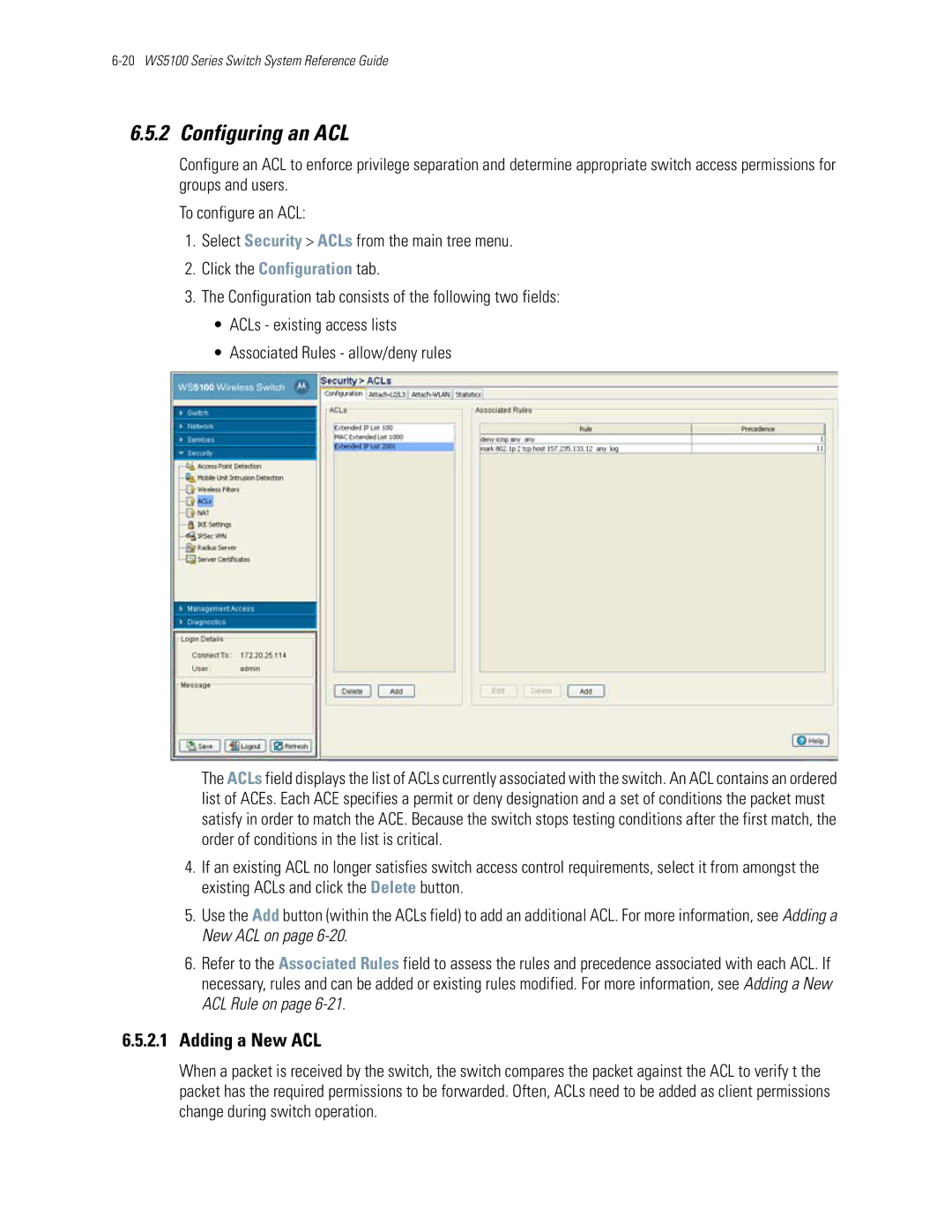 Motorola WS5100 manual Configuring an ACL, Adding a New ACL 