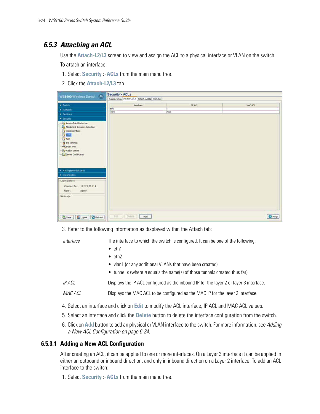 Motorola WS5100 manual Attaching an ACL, Adding a New ACL Configuration, Eth1, Eth2 